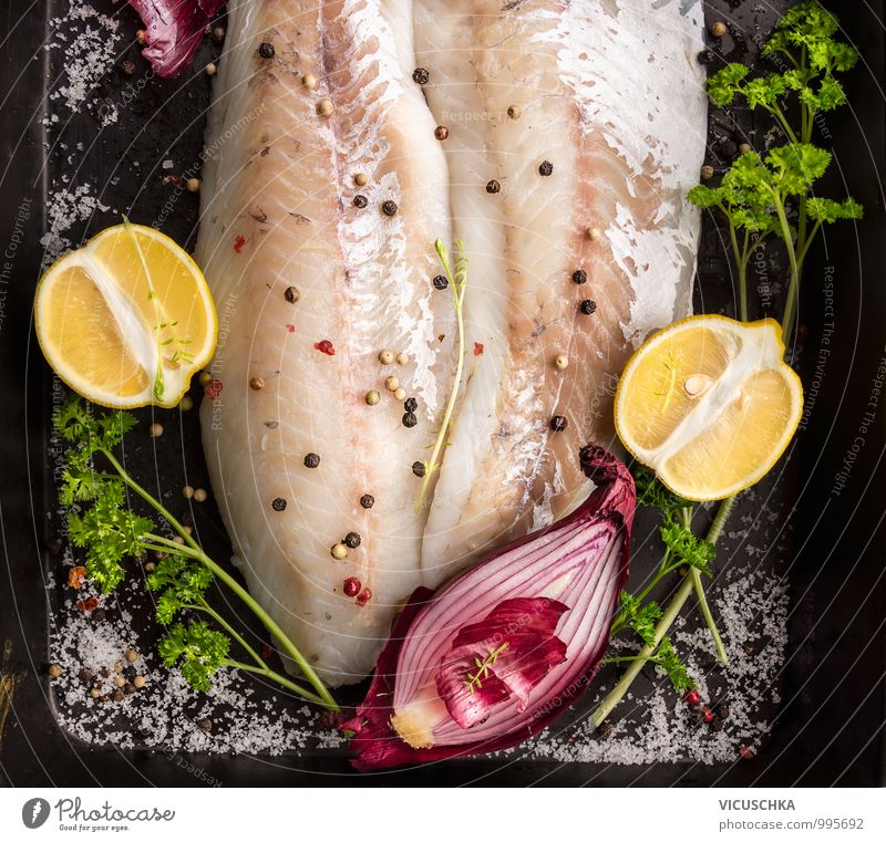 Fish fillet preparation on the baking tray Food Herbs and spices Nutrition Lunch Banquet Organic produce Diet Style Design Healthy Eating Yellow Green Red Black