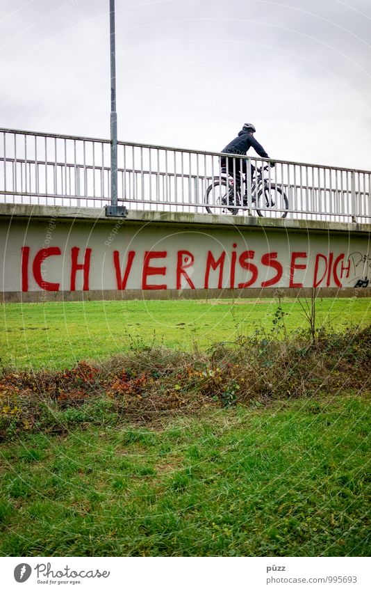 I miss you Sports Cycling Bicycle Human being Life 1 Outskirts Bridge Transport Means of transport Lanes & trails Stone Characters Graffiti Sadness Gloomy Gray