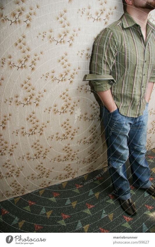 grandma's house 04 Wallpaper Retro Pattern Green Facial hair Seventies Trouser pocket Man vintange Jeans rolled up hands in trouser pocket