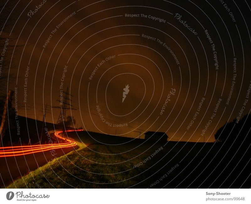 The way into the unknown Clouds Transport Strip of light Long exposure Brake light Rear light Exposure Night light Night journey Highway Speed Field Electricity