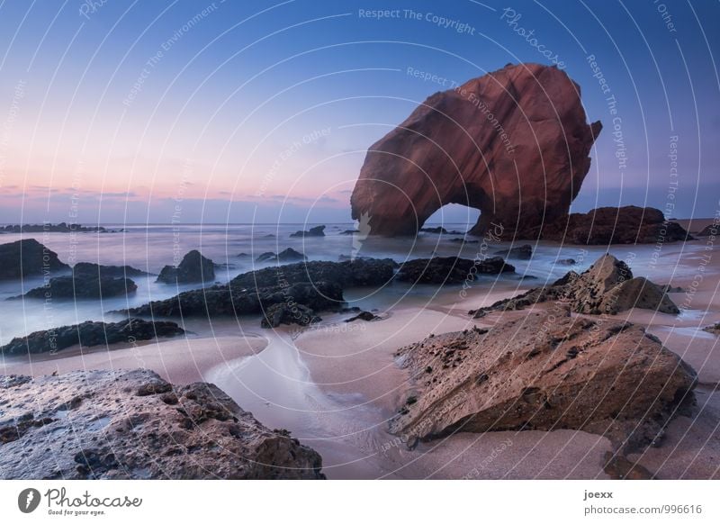 The rock Nature Landscape Water Sky Clouds Sunrise Sunset Summer Beautiful weather Rock Coast Beach Ocean Santa Cruz Portugal Tourist Attraction Firm Gigantic