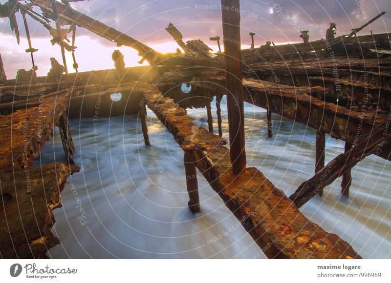 Maheno wreck Landscape Water Sky Cloudless sky Clouds Sunrise Sunset Sunlight Summer Beautiful weather Ocean Island Fraser Island Passenger ship Container ship