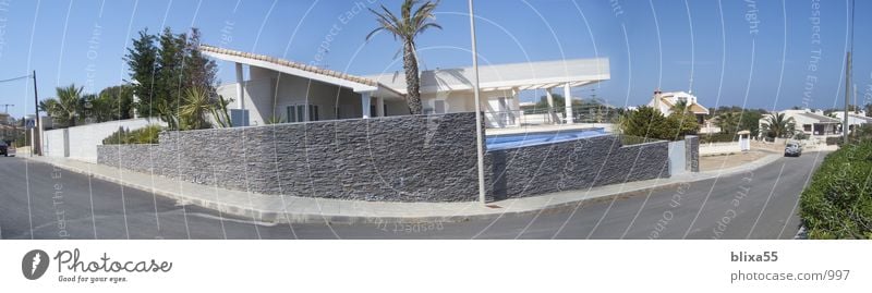 Panorama House La Manga, Spain Panorama (View) Swimming pool Beach hut Blue sky Fisheye Architecture modern residential house Stone wall modern house