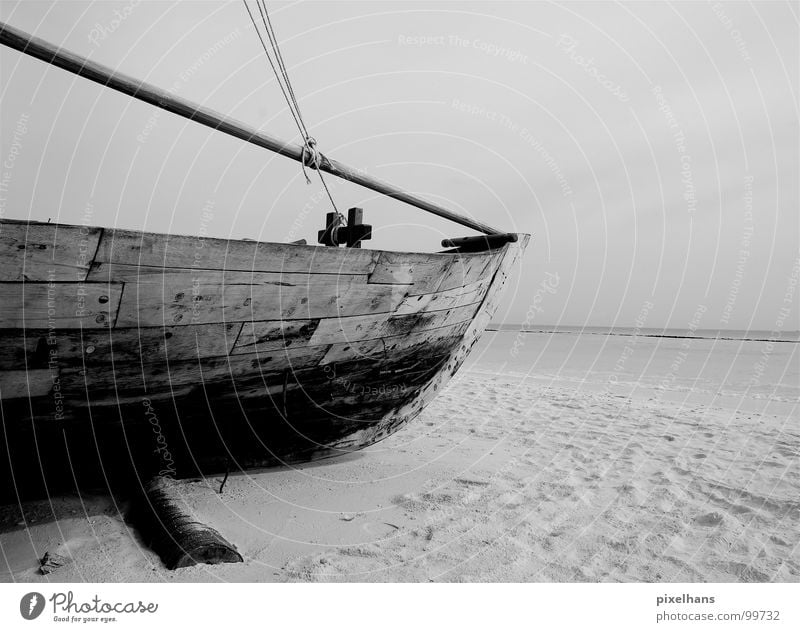 When's the tide coming? Summer Beach Ocean Rope Sand Water Sky Weather Rain Coast Watercraft Wood Dark Gray Black White Plank Banal High tide