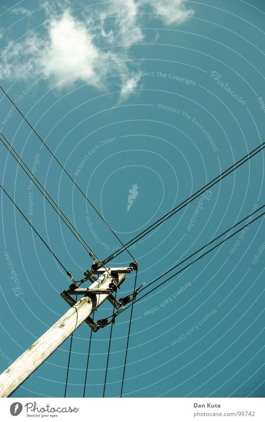 Heavy on wire Electricity Noble Thin Graceful Open Wire Electricity pylon Wood Attach Triangle Exciting Worm's-eye view Under Central Middle Geometry Clouds