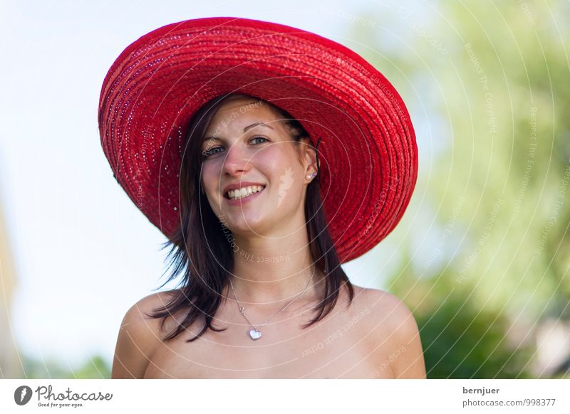 sombrero Human being Feminine Young woman Youth (Young adults) 1 18 - 30 years Adults Nature Sky Beautiful weather Smiling Large Red Happiness Sombrero Hat