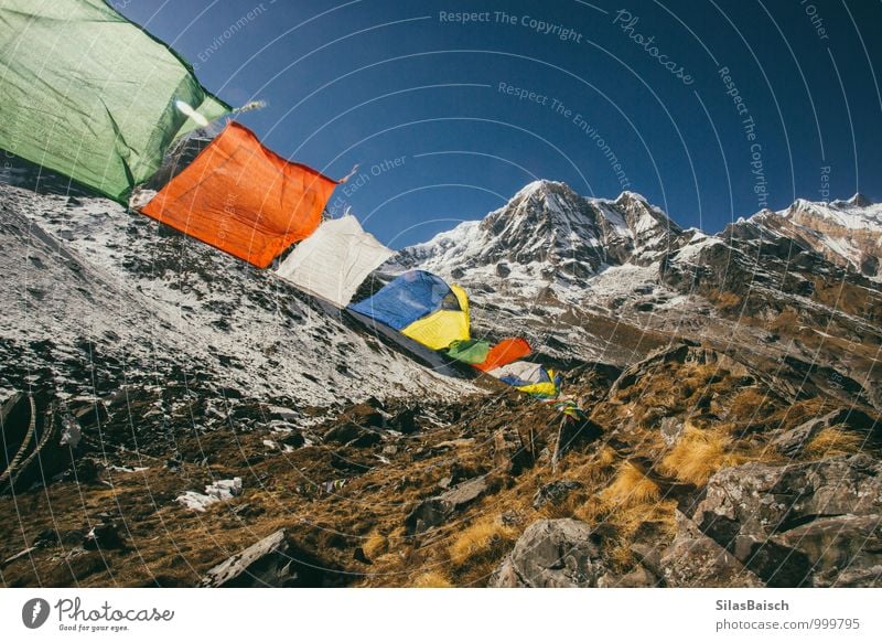 Prayer Flags in the mountains Nature Landscape Cloudless sky Wind Rock Mountain Glacier Sign Flying Gigantic Nepal Himalayas Travel photography Annapurna