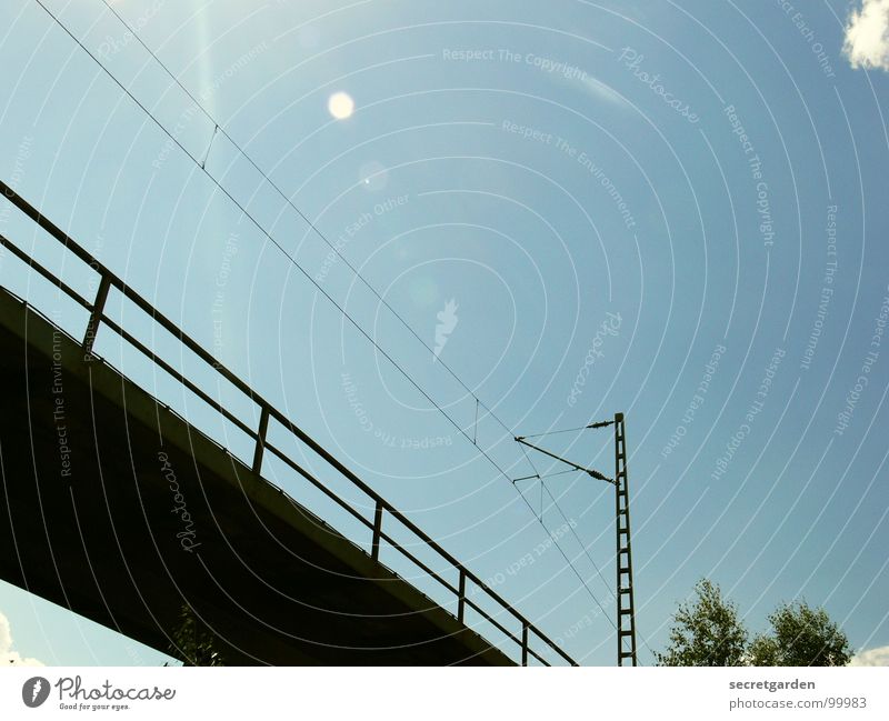 bridge with bush Iron Construction Electricity Handrail Barrier Worm's-eye view Steel Bad weather Railroad bridge Room Fragile Driving Dazzle Sunbeam Back-light